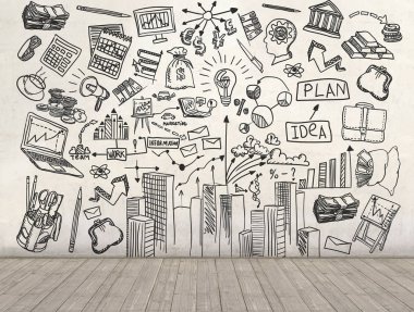 Duvara çizilmiş bir iş planı. 3B render