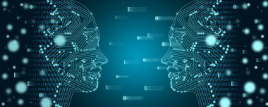 Büyük veri ve makine öğrenme kavramı. İki kadın yüzleri bir arka planda ikili veri akışı ile anahat