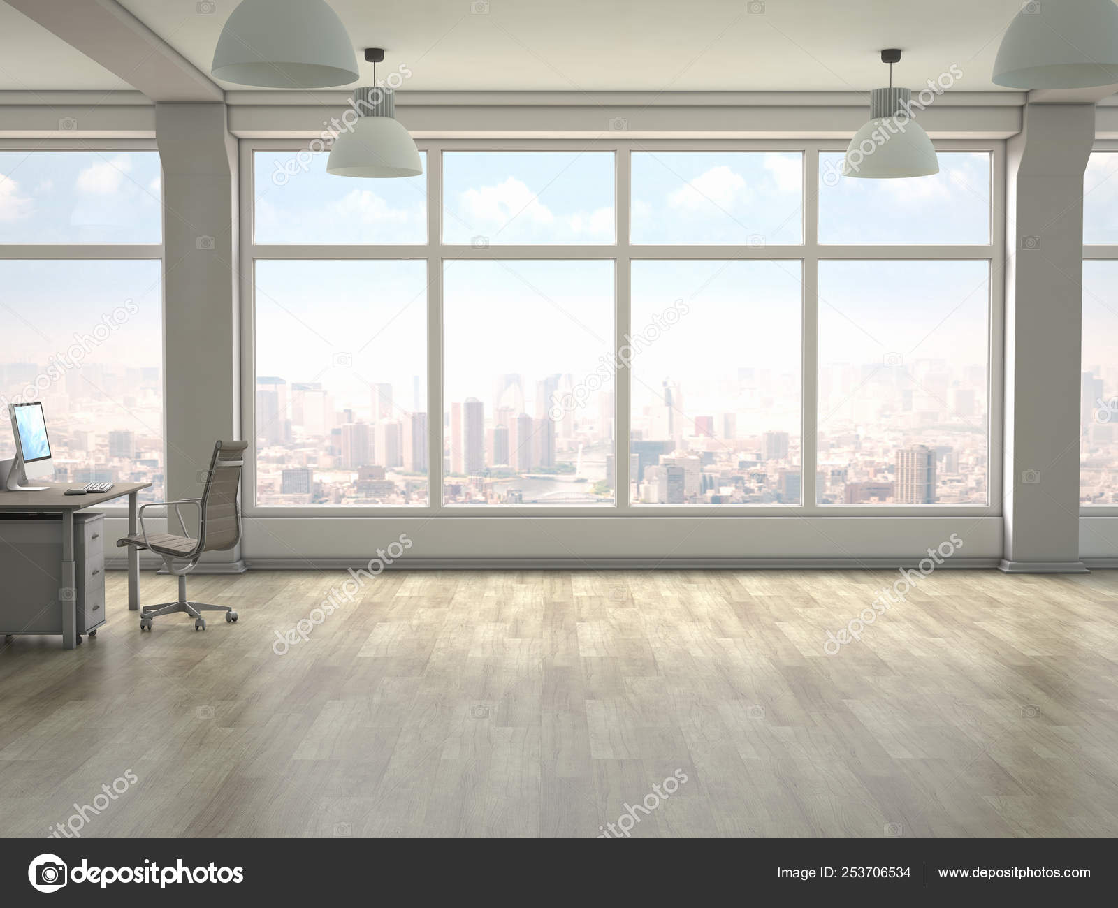 Modern office interior with panoramic windows. 3D render Stock Photo by