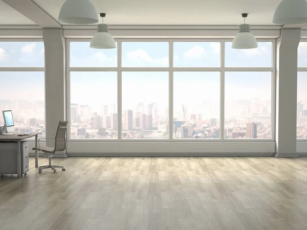 Moderne Büroeinrichtung mit Panoramafenstern. 3D-Darstellung — Stockfoto