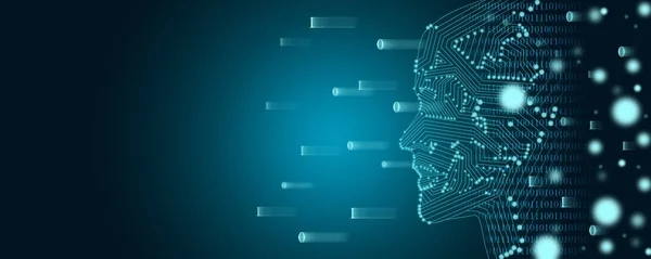 Big data and machine learning concept. A face outline with binary data flow on a background