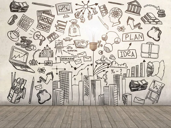 Un business plan disegnato su un muro. rendering 3d — Foto Stock