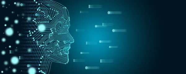 Büyük veri ve makine öğrenme kavramı. Arka planda ikili veri akışına sahip bir kadın yüz anahattı