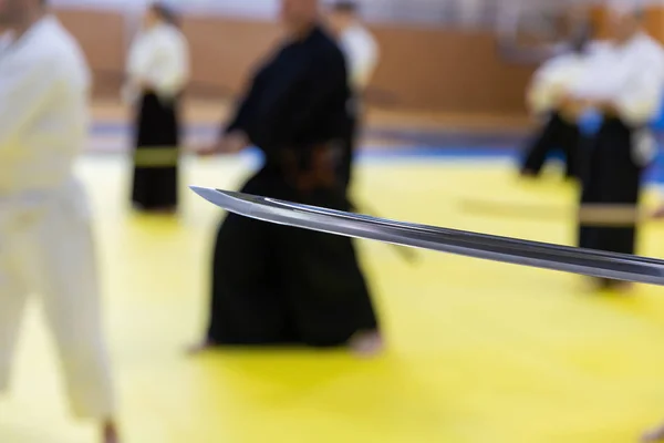 Kimonolu insanlar dövüş sanatları silah eğitimi semineri veriyor. — Stok fotoğraf