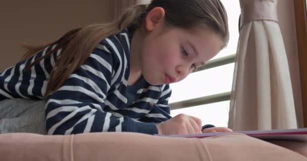 Uma menina pré-escolar desenho com lápis em casa — Vídeo de Stock