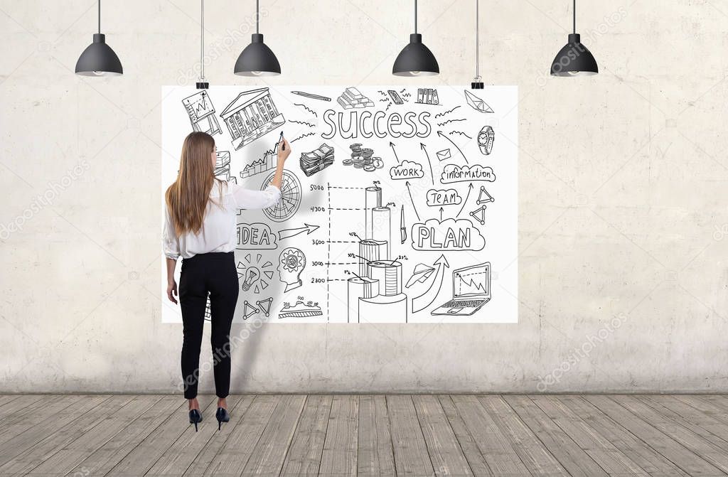 Young woman drawing a business sketch. 3d render elements in collage