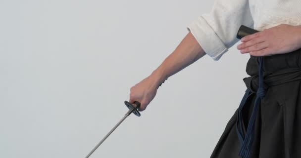 Prática de mestre Iaido. Demonstração de artes marciais no dodjo — Vídeo de Stock