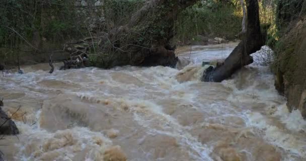 Krachtige waterstroom in de rivier de Duden. Een krachtige rivier stroom verandert in een Duden-waterval — Stockvideo