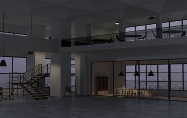 Akşam geç modern ofis iç. 3D render