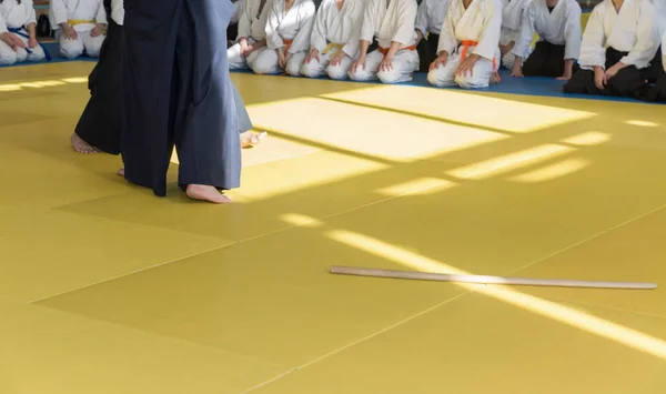 Personas en kimono en el seminario de entrenamiento de armas de artes marciales — Foto de Stock