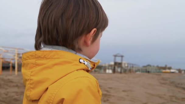 Un portrait de mignon jeune garçon sur la plage — Video