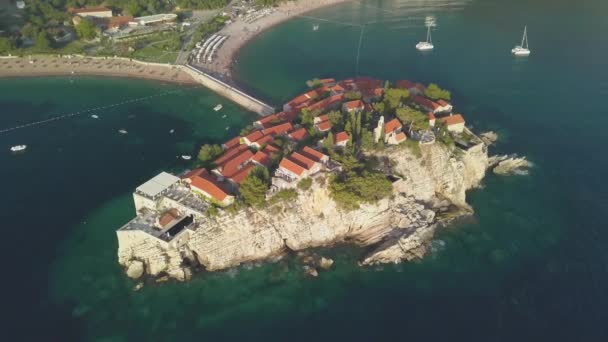 Aerial footage of Sveti Stefan island in Budva — Stock Video