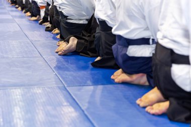 Kimono ve hakama giymiş insanlar dövüş sanatları eğitimi alıyorlar.