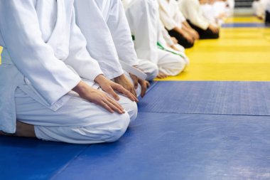 Kimono ve hakama giymiş insanlar dövüş sanatları eğitimi alıyorlar.