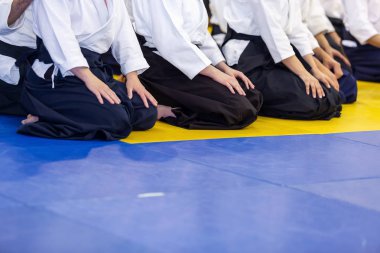 Kimono ve hakama giymiş insanlar dövüş sanatları eğitimi alıyorlar.