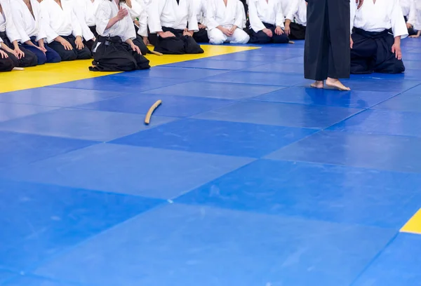 Personas en kimono y hakama en entrenamiento de artes marciales — Foto de Stock