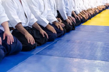 Kimono ve hakama giymiş insanlar dövüş sanatları eğitimi alıyorlar.