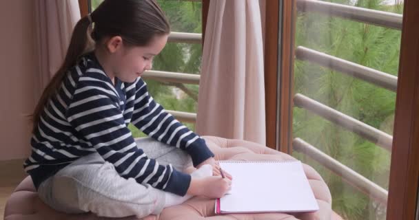 Una bambina che disegna con le matite a casa — Video Stock