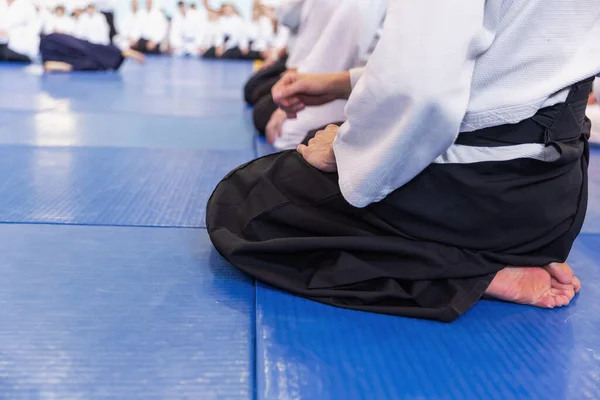 Människor i kimono och hakama på kampsport utbildning — Stockfoto