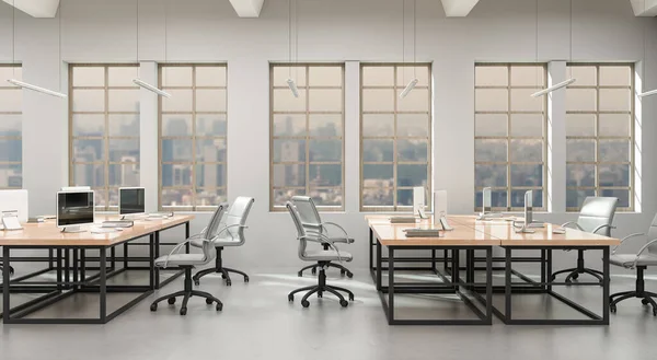 Ein modernes Büro mit großen Panoramafenstern. Tischreihen, ausgestattete Arbeitsplätze. 3D-Darstellung. — Stockfoto