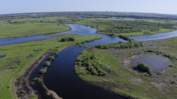 Γραφική εναέρια άποψη ενός ποταμού και πράσινα λιβάδια σε μια ύπαιθρο — Αρχείο Βίντεο