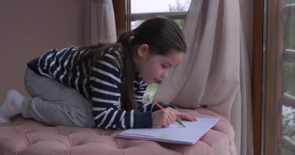 Una bambina che disegna con le matite a casa — Video Stock