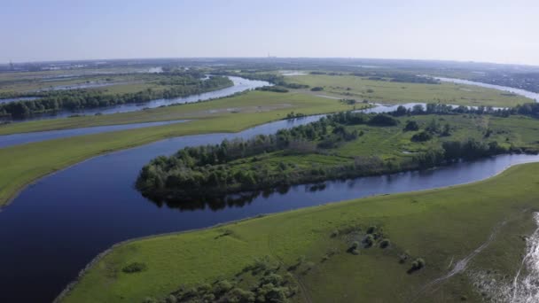 Scenic légi kilátás a folyó és a zöld mezők vidéken — Stock videók