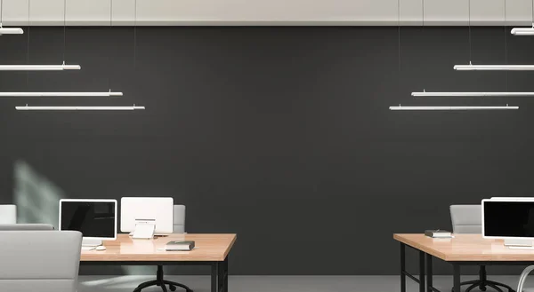 회색 벽을 가진 현대식 사무실의 측면 뷰. 테이블들 과, 장비를 갖춘 작업장들. 3d 렌더링. — 스톡 사진