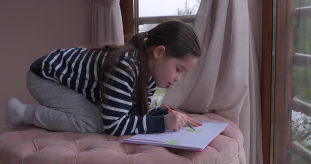 Una bambina che disegna con le matite a casa — Video Stock