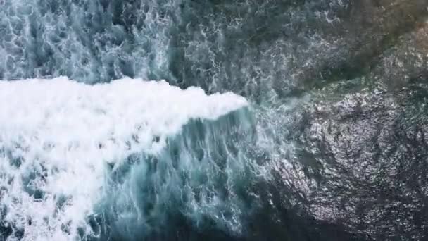 Images aériennes de drones de surfeurs attendant la prochaine balade sur la grande vague océanique sur le magnifique gradient du littoral aérien — Video