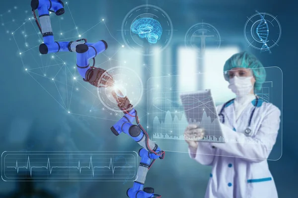 Bilgisayar kontrolü ve analizi üzerinde çalışan kadın doktor. Bilim ve tıp konseptinde yenilikçi teknoloji. 3d illüstrasyon elementlerini içeren kolaj