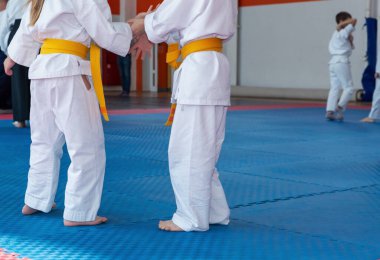 Kimonolu çocuklar tatami eğitimi alıyor.