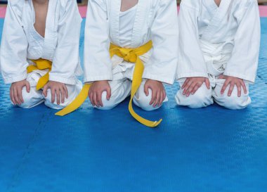 Kimonolu çocuklar tataminin üzerinde oturuyorlar.