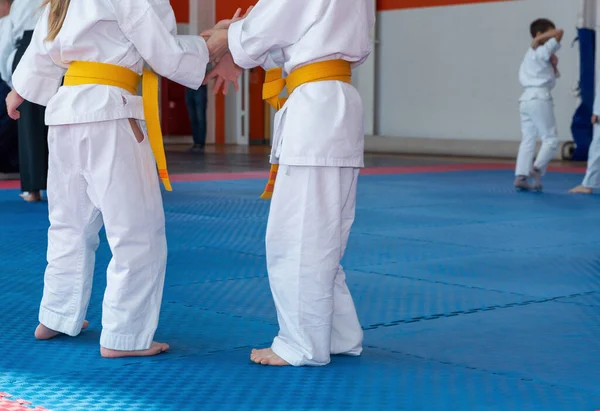 Kinder im Kimono trainieren auf Tatami — Stockfoto