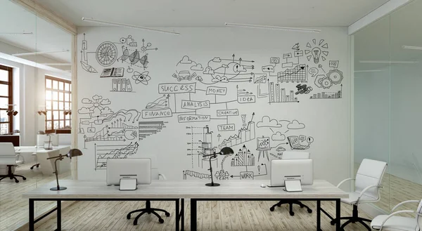 Nowoczesne biuro z kreatywnym szkicem strategii biznesowej narysowanym na białej ścianie — Zdjęcie stockowe