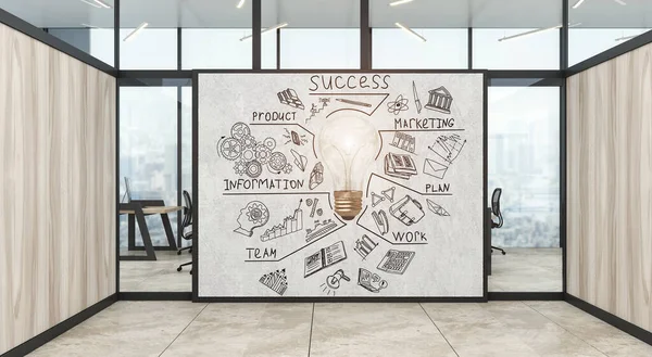 Ett modernt kontor med kreativ affärsstrategi skiss ritad på vit vägg — Stockfoto