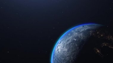 Uzaydan gelen Dünya. Gece gündüze, gün doğumuna dönüşür. 3d canlandırma.
