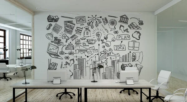 Um escritório moderno com esboço de estratégia de negócios criativo desenhado na parede branca — Fotografia de Stock