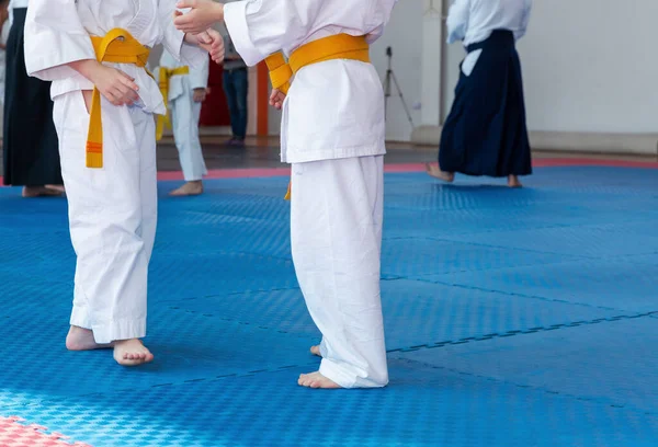 Los niños en kimono están entrenando en tatami —  Fotos de Stock