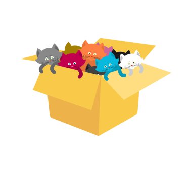 Yavru kedi ile kutu. Karton kutu içinde cats. Vektör illustratio