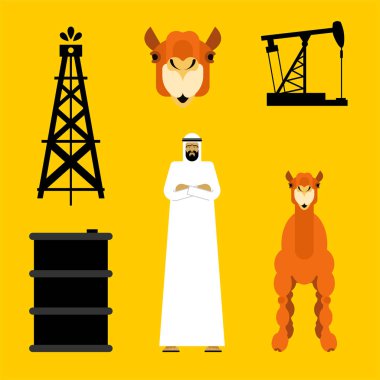 Arap küme. Arap ve yağ pompası. Petrol varil ve deve. OAE adam. Vektör illustratio