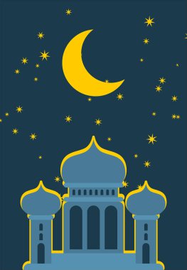 Gece camiidir. İslam dini binası. Müslüman tatil Eid Mubarak vektör çizim. Ramazan Kareem tebrik araba