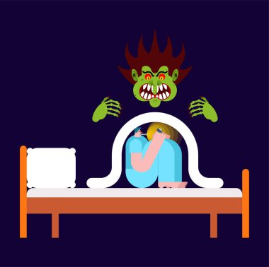 Kabus adam battaniye korkular altında. Vektör illustratio