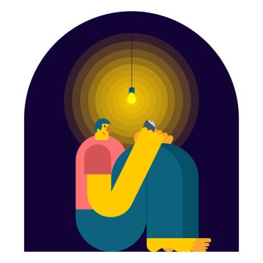 Adam karanlıkta kitap okumak. Gece okuma. Vektör çizim