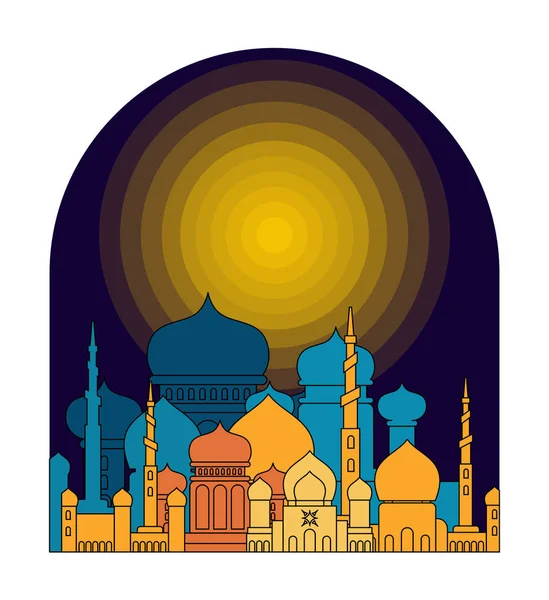 清真寺是夜晚 伊斯兰教的宗教大厦 穆斯林节日开斋节的矢量插画 斋月车 — 图库矢量图片