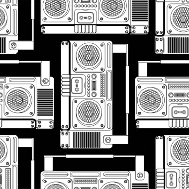 Boombox retro desen sorunsuz. teyp vektör arka plan. Disko stereo textur