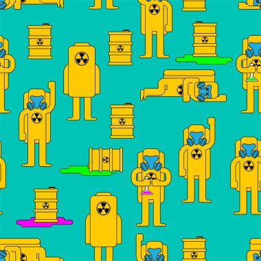 Anten çizgesi. zehirli varil. Sarı takım elbise kimyasal Biohazard koruma. Kostüm radyoaktif ve biyolojik tehlike. Vektör illustratio
