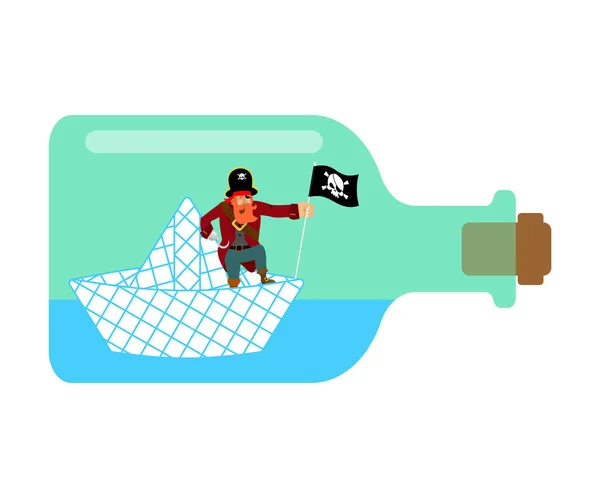 Pirata Barco Papel Botella Ilustración Del Vector — Vector de stock