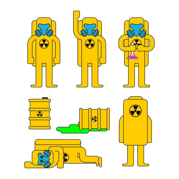 バイオハザードの保護を設定します 黄色スーツ化学保護とバレル 放射性および生物学的ハザードを衣装します ベクトル Illustratio — ストックベクタ