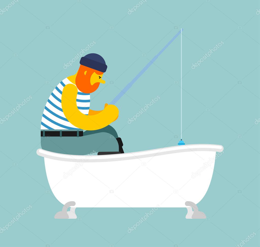Fisherman fishing in bath . Fishing rod. Vector illustratio